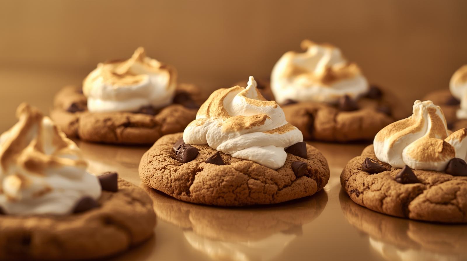 About choc-chip-cookies-with-burnt-marshmallow-fluff-on-top-a-shiny-gold-colour-background-1