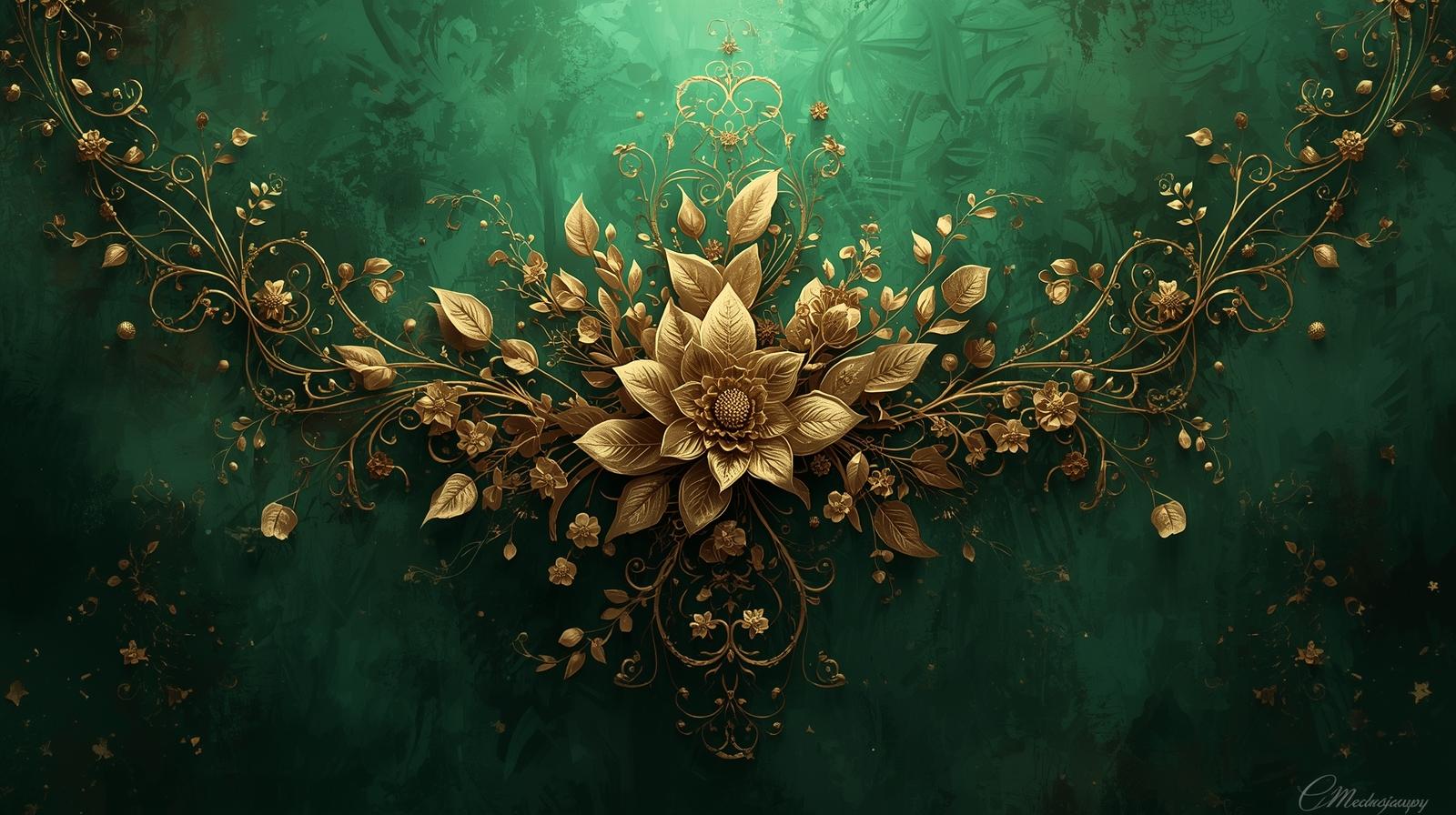 Menu emerald-green-background-with-gold-plans-and-floweres-in-the-middle-1