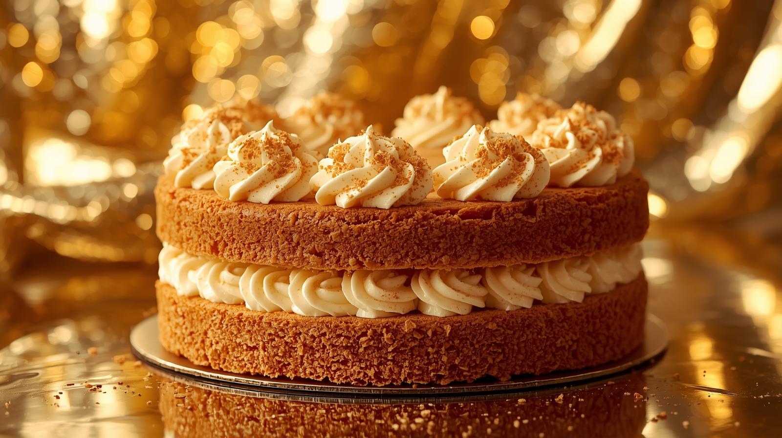 Home full-loftus-biscoff-cake-around-with-a-shiny-gold-background-1