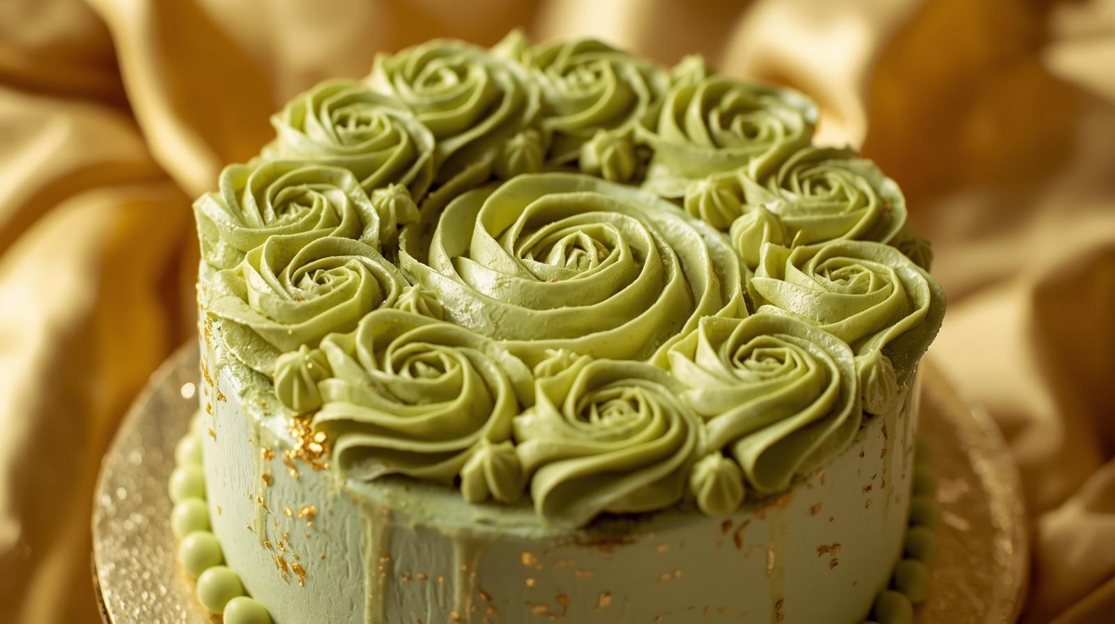 Home full-pistachio-rose-cake-around-with-a-shiny-gold-background-1